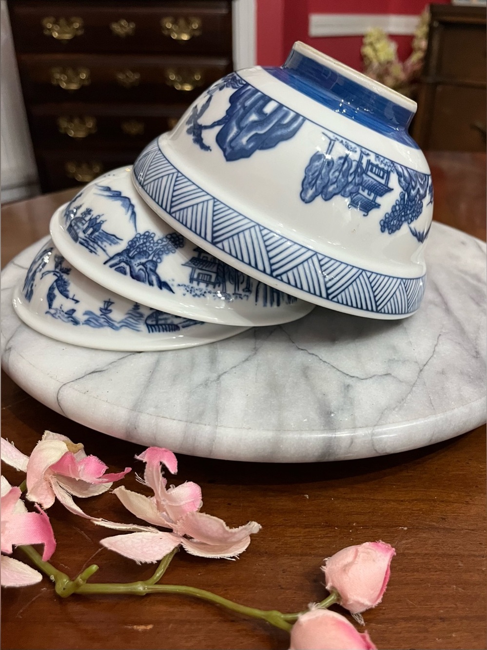 Vintage Blue and White Porcelain Rice Bowls Set of 3 Pagoda Landscape